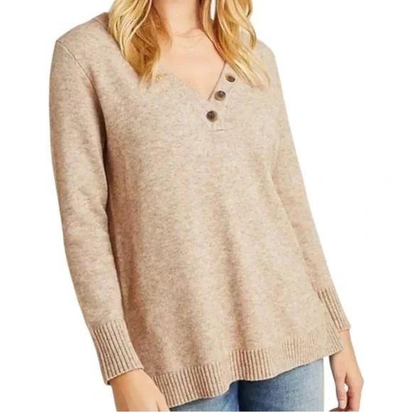Anthropologie Women’s Size S Tan Button Henley V-Neck Viscose Blend Knit Sweater - Picture 1 of 11